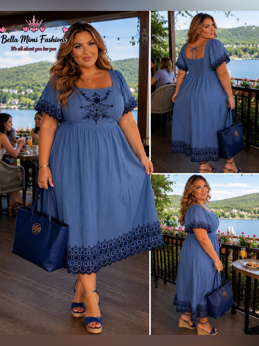 Blue Embroidered Midi Dress - Picture 4 of 4